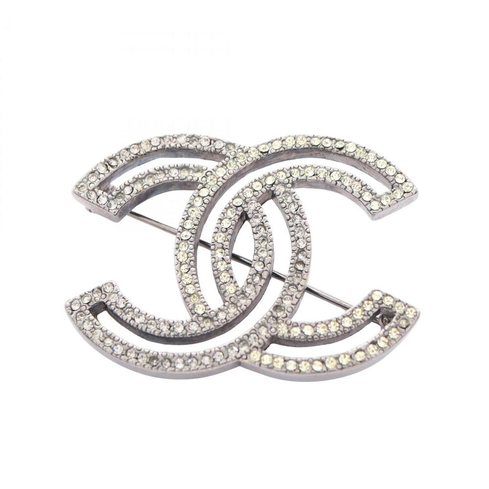 Chanel Coco Mark Brooch Accessory, Metal, Rhinestone, Women's, Silver/Clear T...